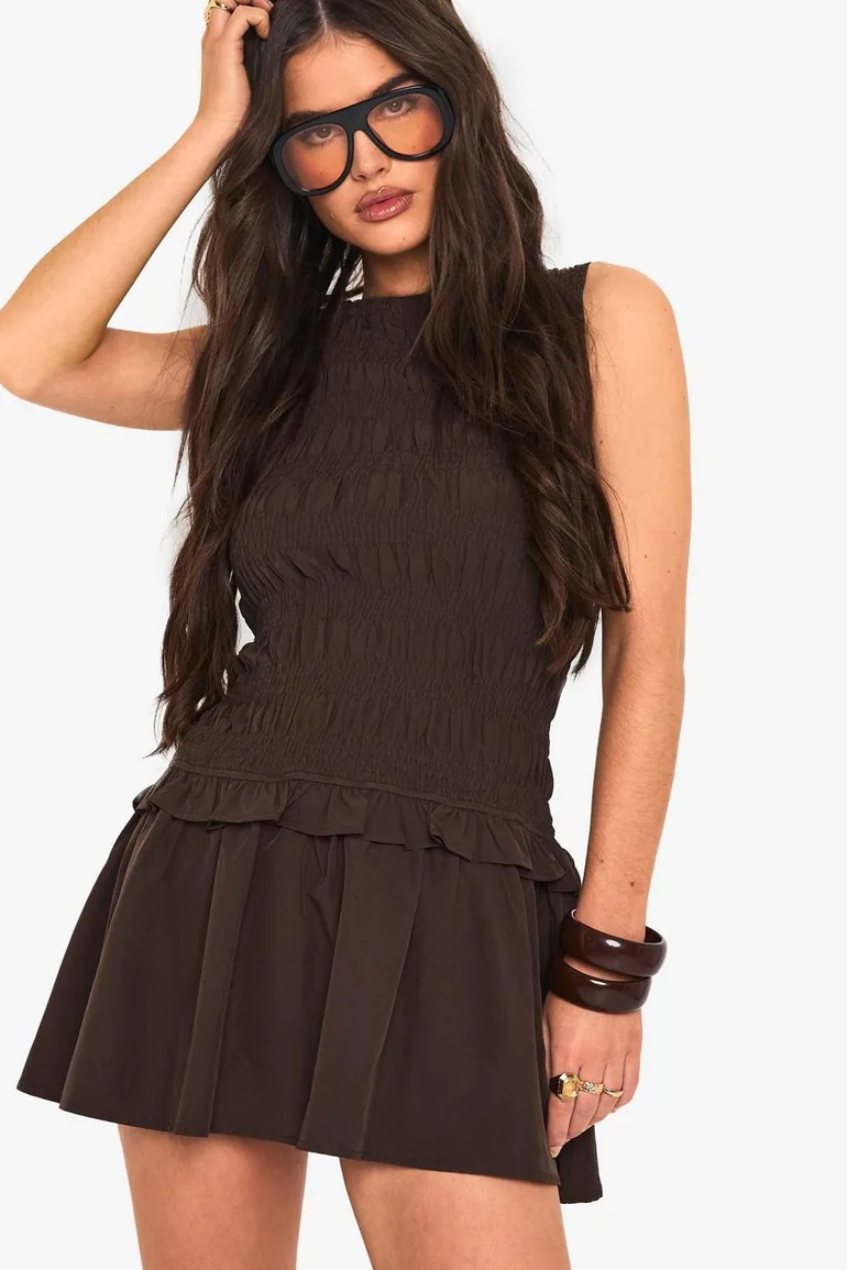 Shirred Racer Neck Smock Dress - chocolate - 2