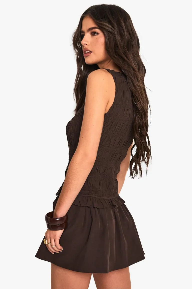 Shirred Racer Neck Smock Dress - chocolate - 1