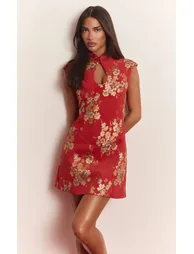 Red Floral Tapestry High Neck Keyhole A Line Dress