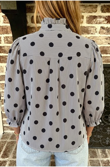 Lvness Black white Polka Dot Striped Print Ruffle Stand Neck 3/4 Sleeve Shift Shirt product thumbnail 2
