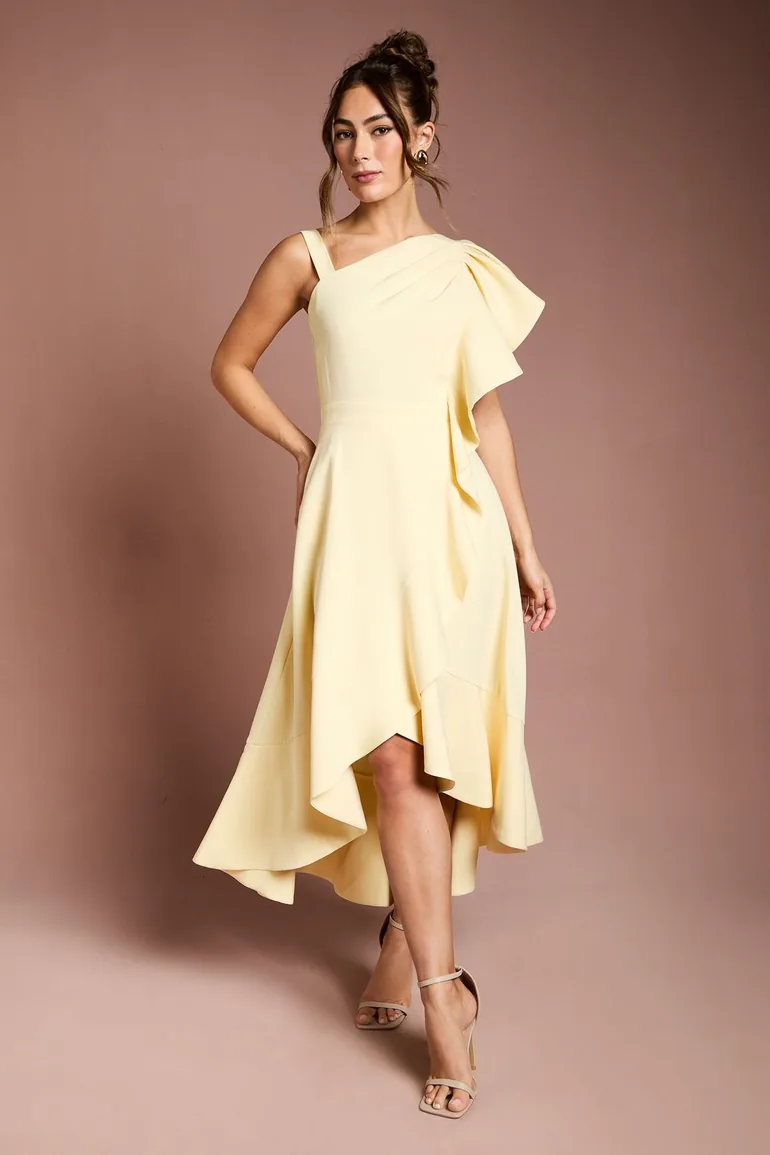 One Shoulder Crepe Ruffle Midaxi Dress
