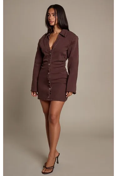 Petite Chocolate Cinched Waist Collar Detail Long Sleeve Denim Mini Dress