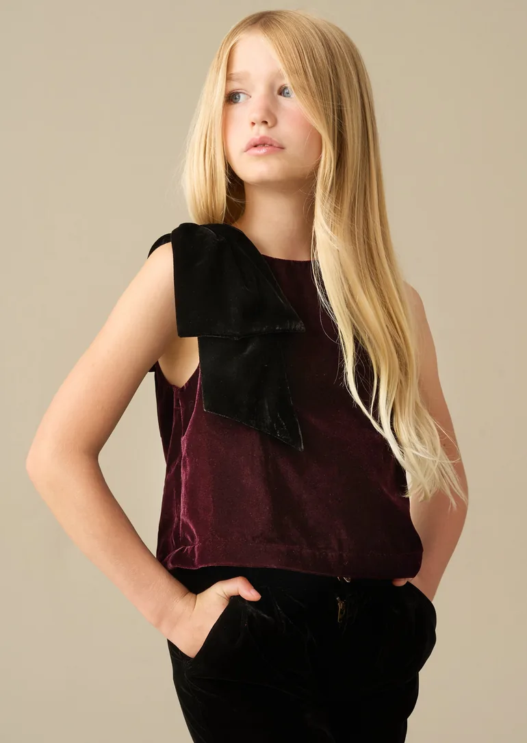 Clea Velvet Bow Shoulder Top - Burgundy