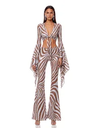 Kaveri Crop Embellished Stripe Pants Set