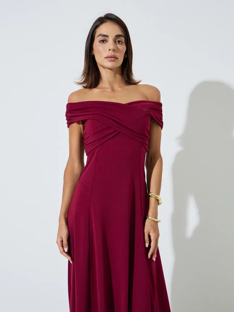 Burgundy Off-Shoulder A-Line Maxi Evening Dress - 1