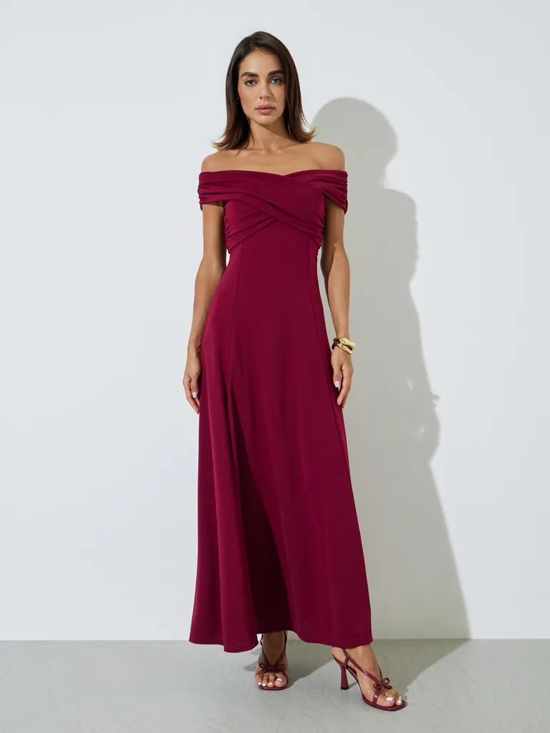 Burgundy Off-Shoulder A-Line Maxi Evening Dress - 2