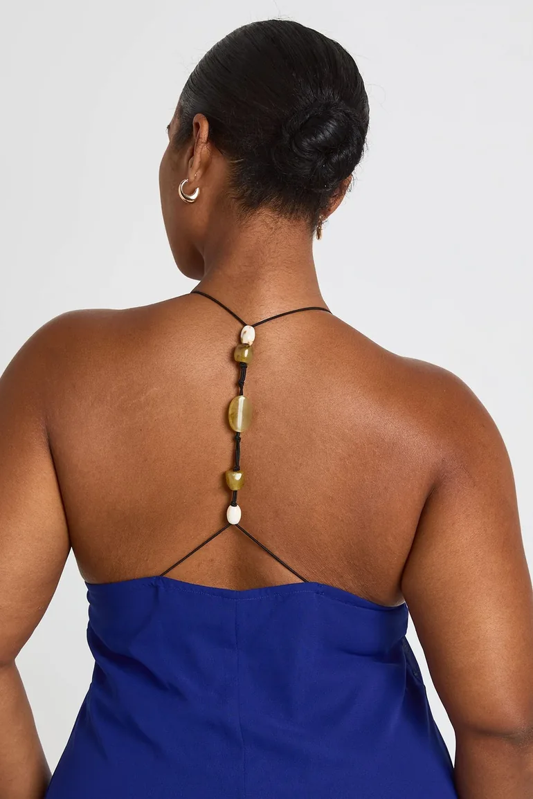 Plus High Cowl Open Back Bead Detail Maxi Dress - cobalt - 3