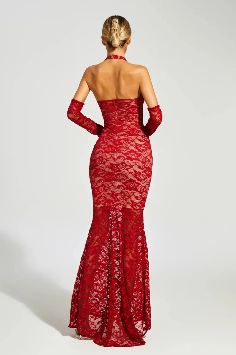 Marjorie Red Rose Lace Halter Maxi Dress - 6
