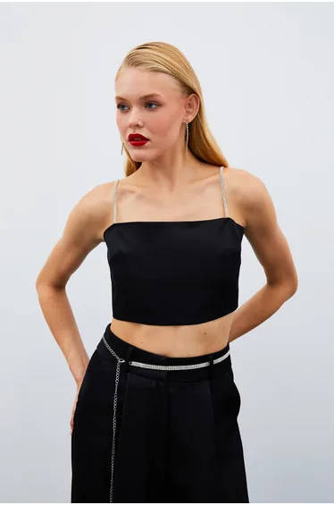 Stone Strap Satin Crop Blouse
