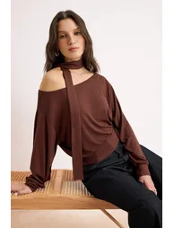 Brown Plain Open Shoulder Shawl Accessory Detailed Regular/Normal Fit Knitted Blouse - 1