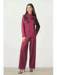 Burgundy Wide-Leg Knit Pants - 1