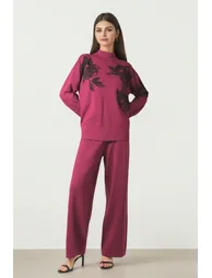 Burgundy Wide-Leg Knit Pants