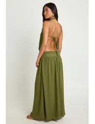 Chiffon Ruched Drop Waist Halter Neck Maxi Dress - olive - 1