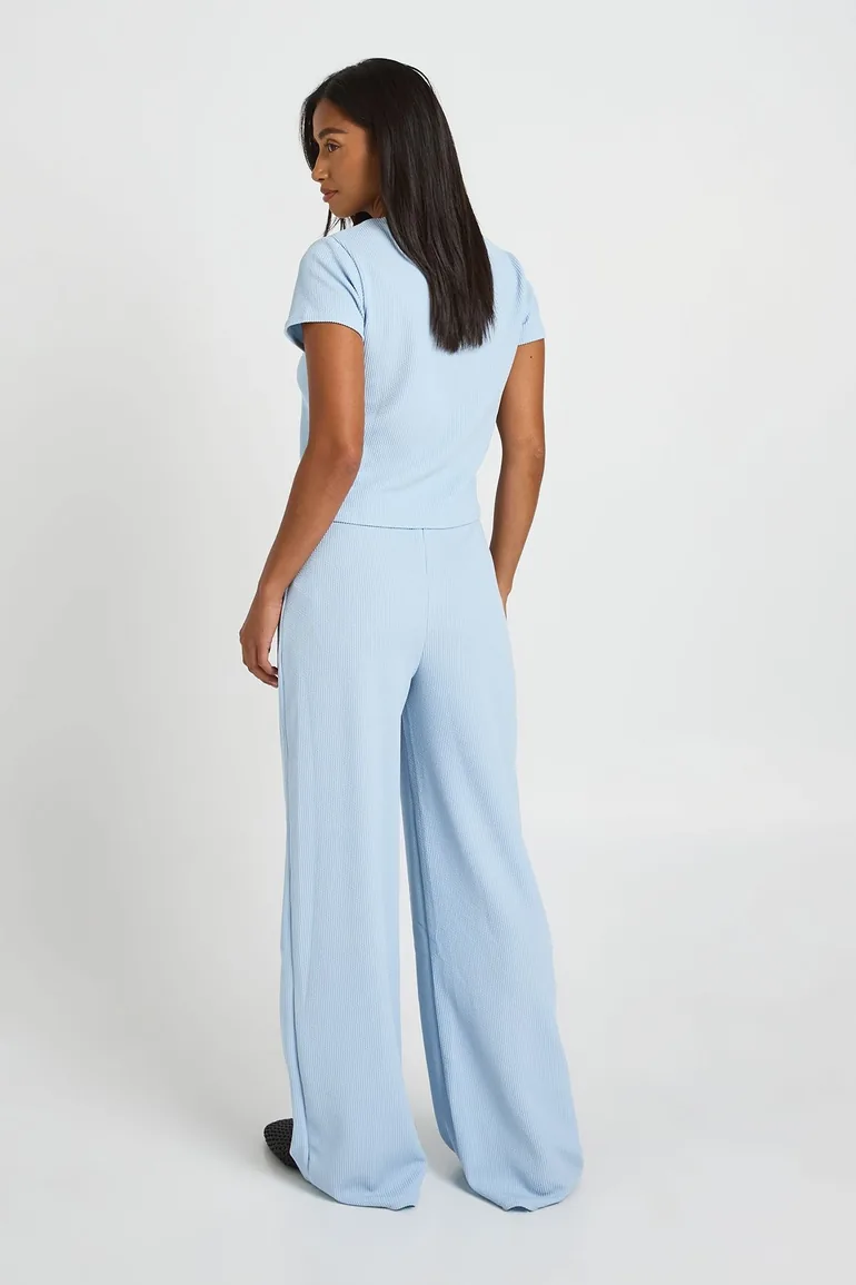 Petite Crinkle Rib Button Through Cap Sleeve Top and Trouser Set - dusty blue - 1