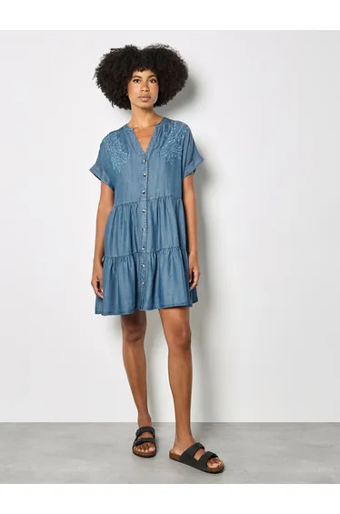 Embroidered Denim Tiered Mini Dress
