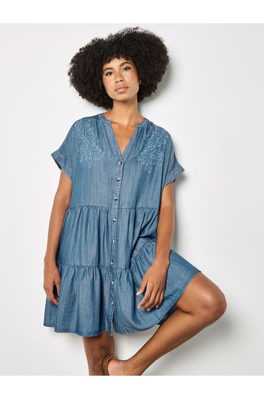 Embroidered Denim Tiered Mini Dress product thumbnail 3