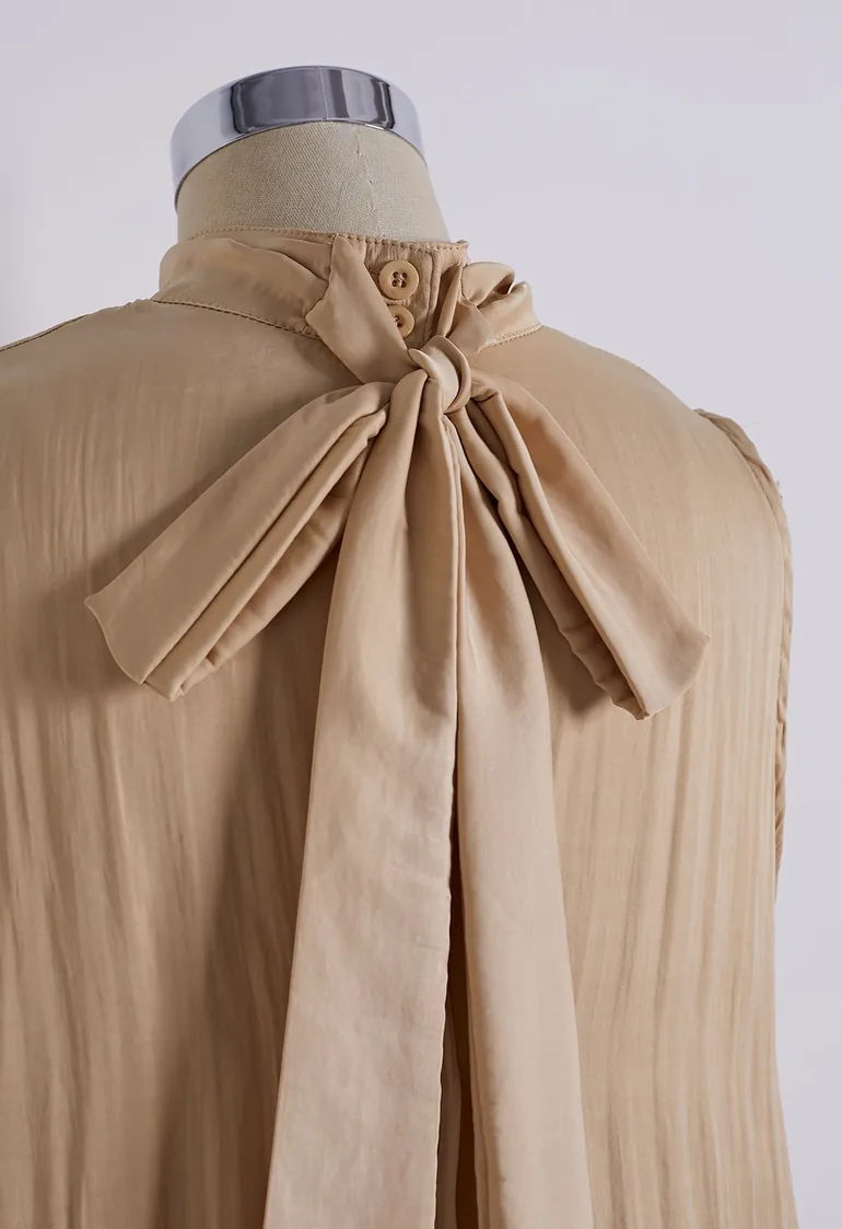 Tie-Neck Buttoned Back Sleeveless Maxi Dress in Nude - 4