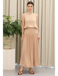 Tie-Neck Buttoned Back Sleeveless Maxi Dress in Nude