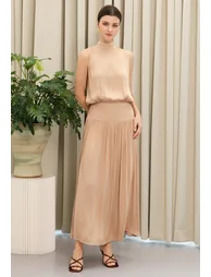 Tie-Neck Buttoned Back Sleeveless Maxi Dress in Nude - 2