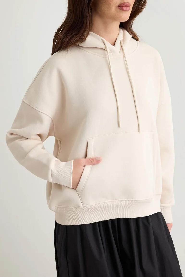 Stone Thick Fleece Inside Hooded Drawstring Oversize Knitted Sweatshirt - 3