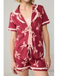 Burgundy 3-Piece 100% Cotton Ribbon Knitted Pajamas Set - 2
