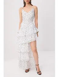 Prom Black-White Polka Dot Woven Chiffon Lined Maxi Evening Dress & Graduation Gown - 2