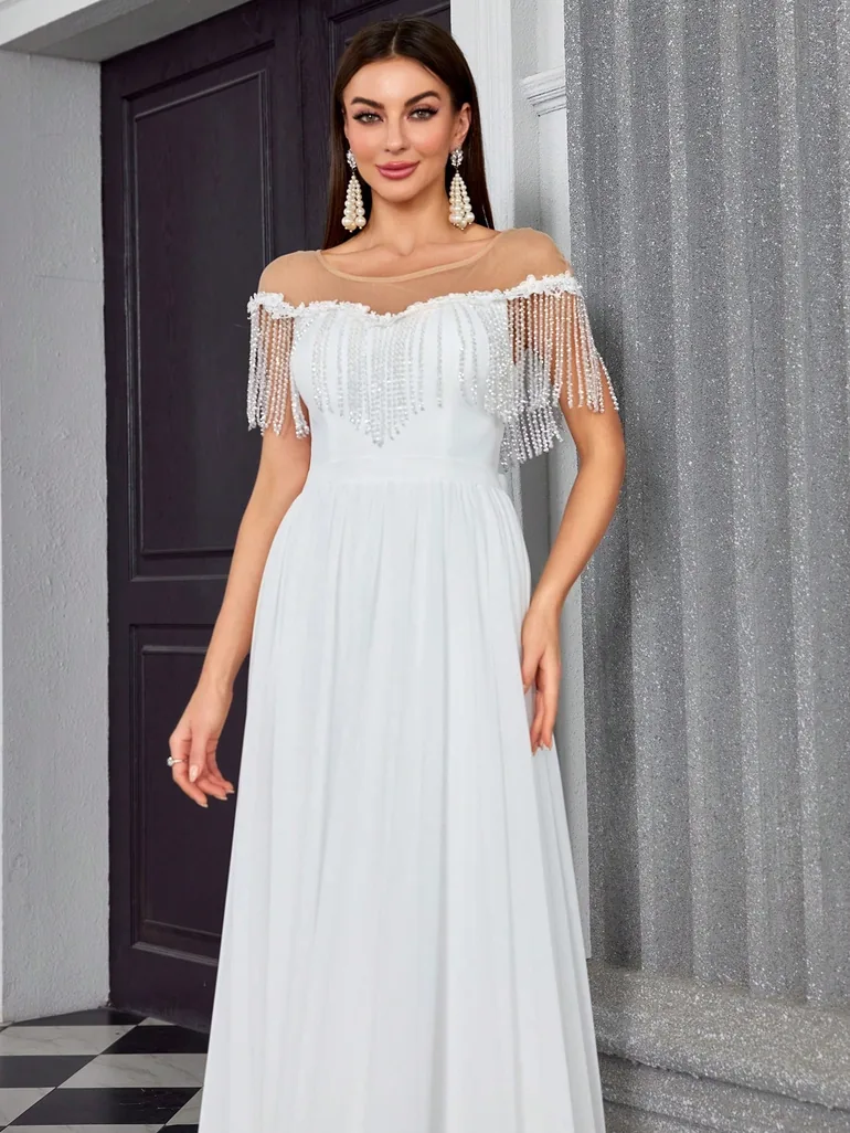 Leely Elegant Round Neck Cap Sleeve Wedding Dress - 2
