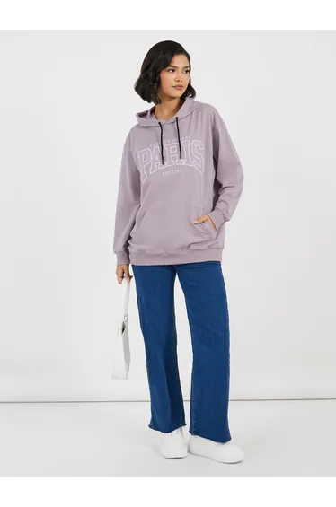 Regular Fit Longline Embroidered Slogan Hoodie