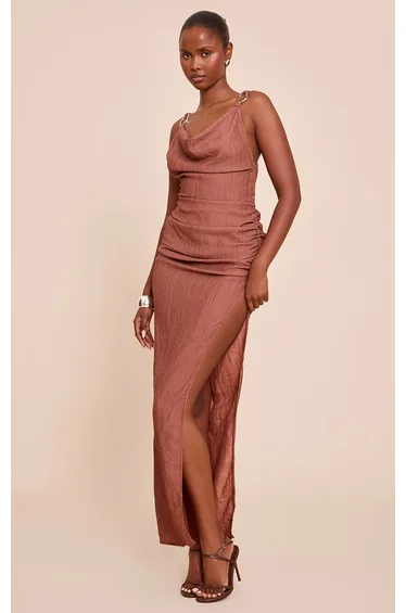 Brown Textured Trim Detail Maxi Dress