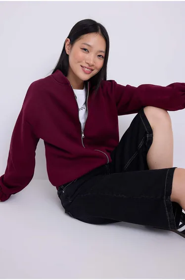 Teen Dark Burgundy Zippered Oversize/Wide Pattern Thick Polar Fleece Knitted Sweatshirt