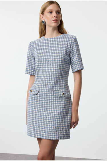 Blue Houndstooth Straight Cut Button Detailed Tweed Woven Dress product thumbnail 3