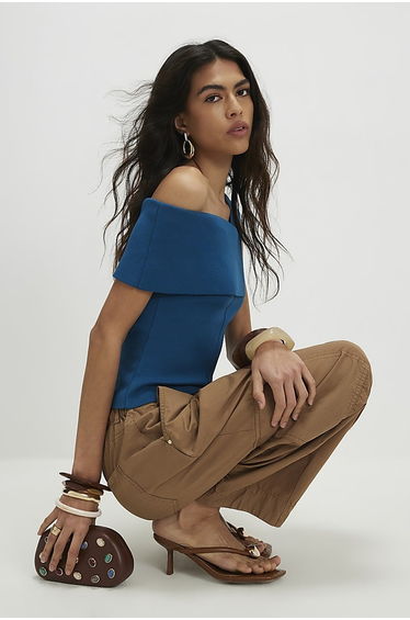 Blue One Shoulder Bardot Knit Top product thumbnail 4