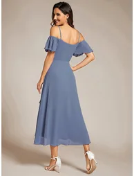 Chiffon Spaghetti Strap Cold Shoulder Tea Length Wedding Guest Dress - 1