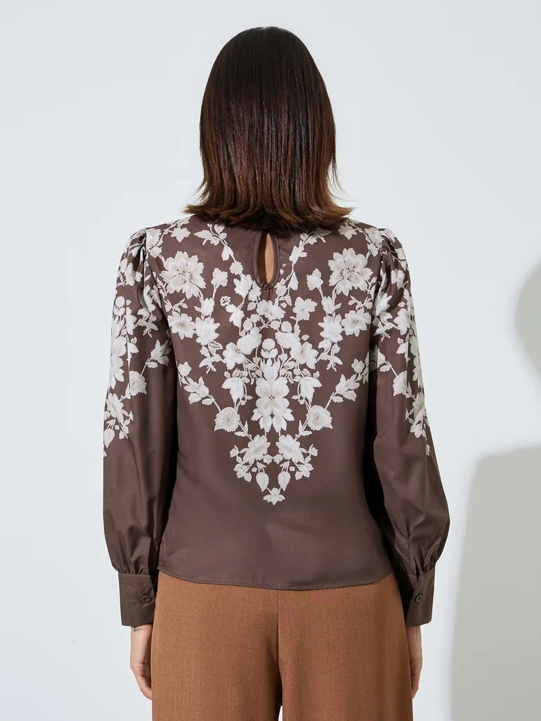 Brown Floral Print Long Sleeve Blouse - 4