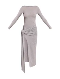 Grey Jersey Knot Drape Detail Long Sleeve Maxi Dress - 4