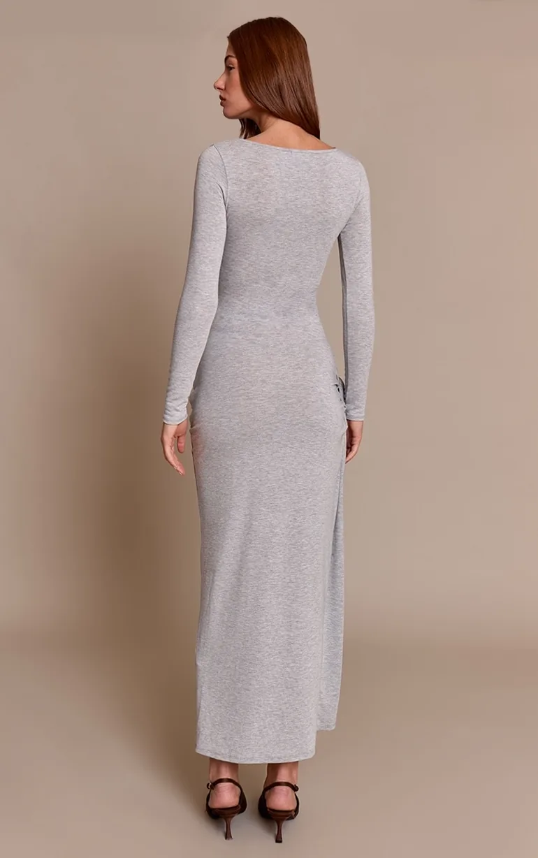 Grey Jersey Knot Drape Detail Long Sleeve Maxi Dress - 1