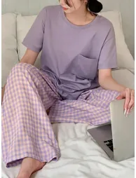 Solid Short Sleeve T-Shirt and Checked Pyjama Set - 1