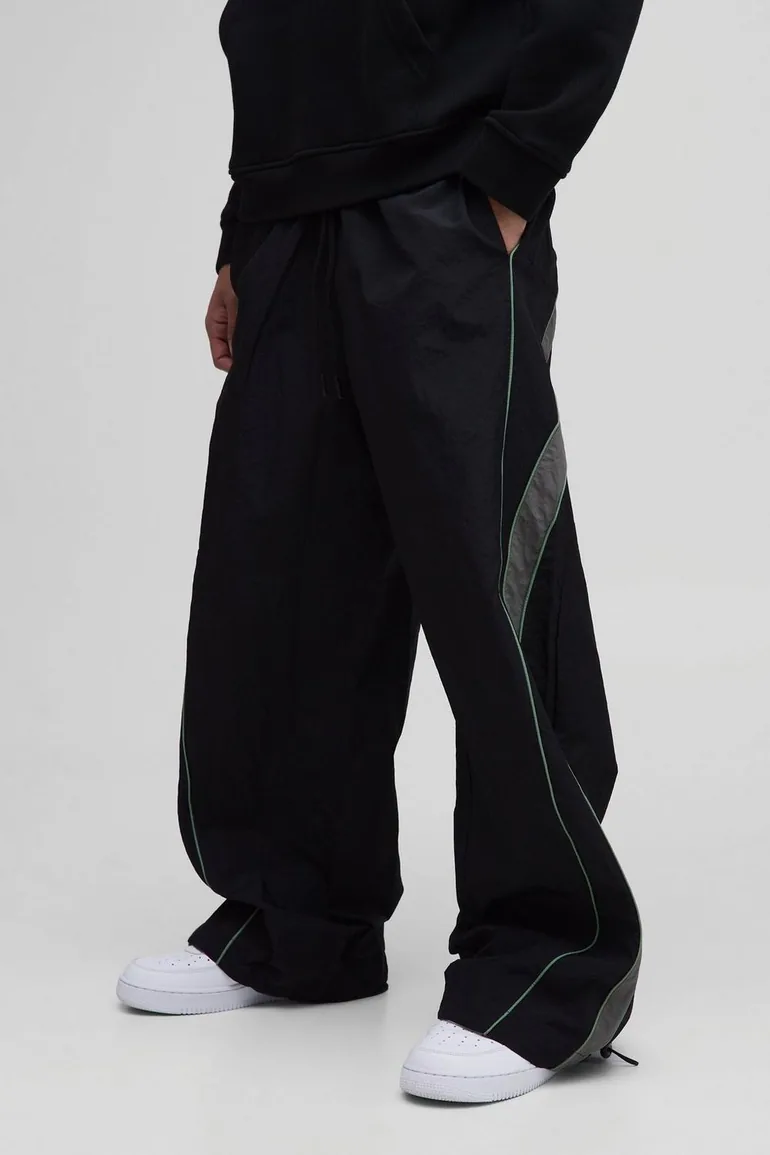 Elasticated Waist Piping Detail Parachute Pants - black