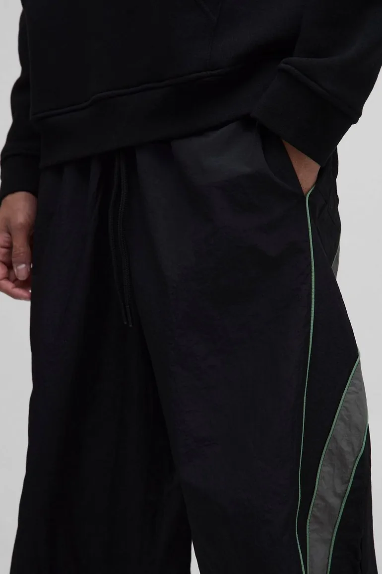 Elasticated Waist Piping Detail Parachute Pants - black - 2