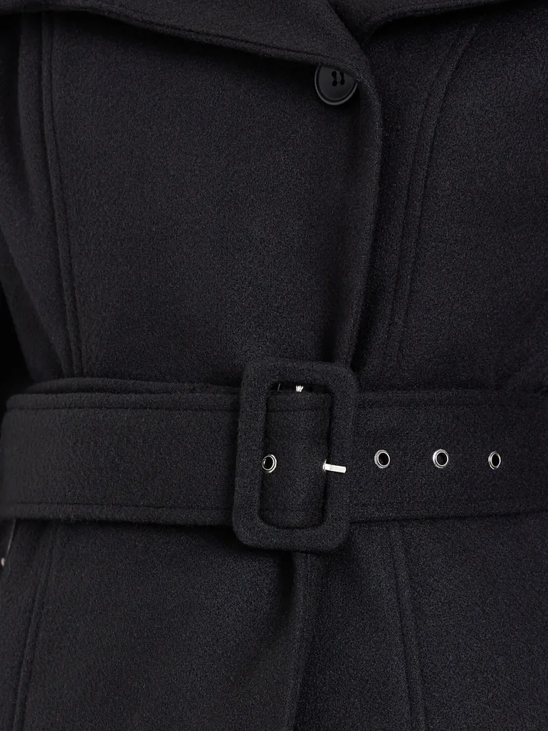 Women Black Midi Length Belted Wool Coat - 3
