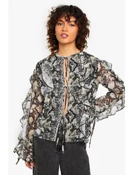 Snake Print Chiffon Tie Front Blouse - snake - 1
