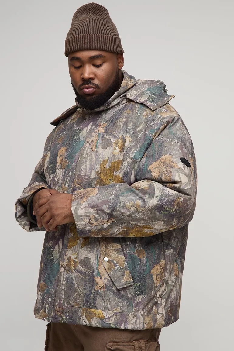 Plus Oversized Forest Camo Hooded Funnel Neck Puffer Jacket - multi