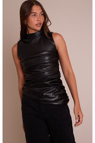 Black Faux Leather Highneck Asymmetric Hem Long Top product thumbnail 2
