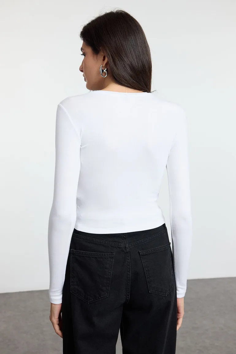 White Embroidered Premium Viscose Crew Neck Crop Flexible Knitted Blouse - 3
