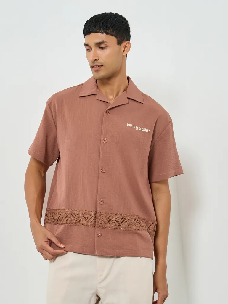 Men Brown Oversized Lace Detail Short Sleeve Shirt
