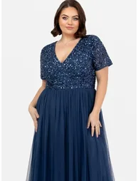 Maya French Navy V Neckline Embellished Maxi Dress - 2
