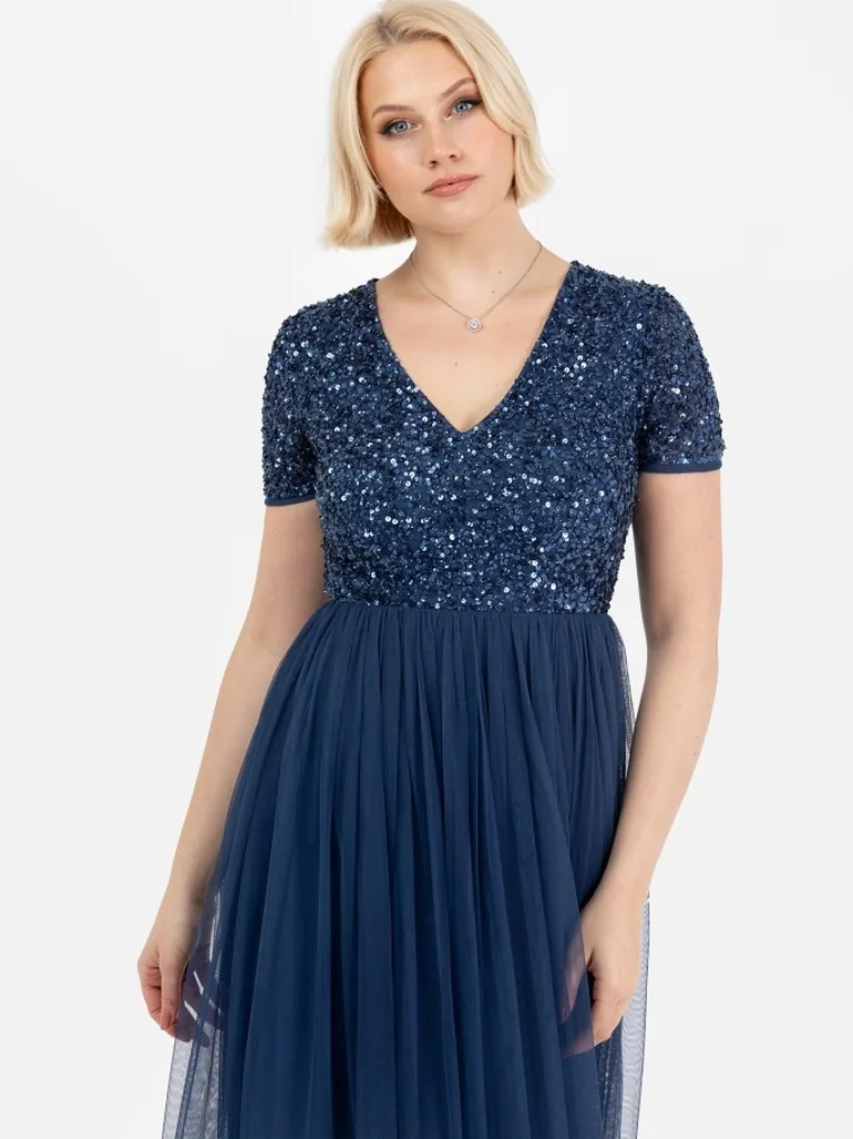 Maya French Navy V Neckline Embellished Maxi Dress - 6