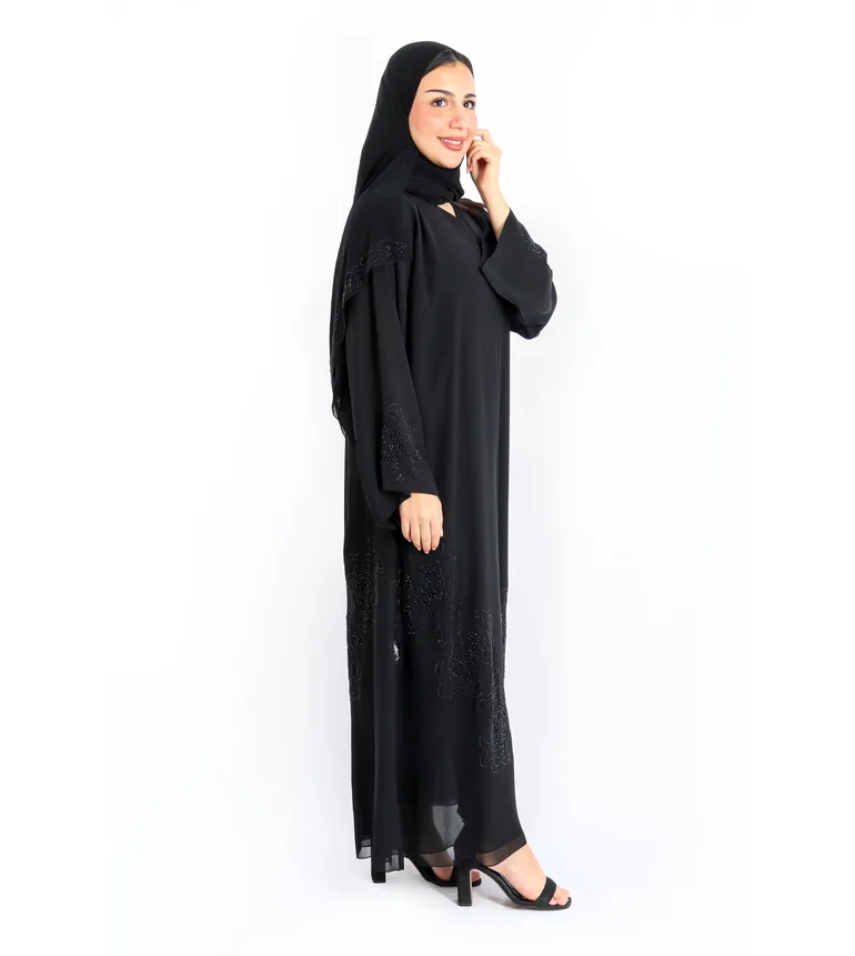 عباية إكسا سوداء مزينه بالخرز بتصميم يدوي  إماراتي - 1