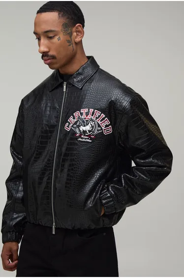 Certified Applique Croc PU Varsity Jacket - black