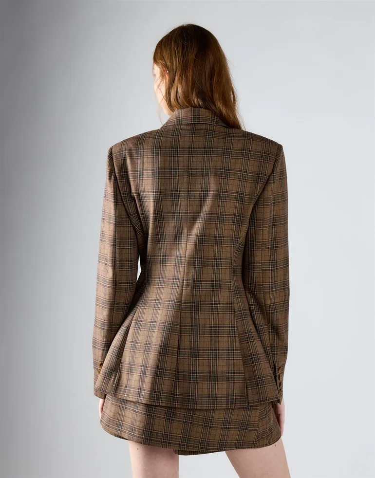 Brown Multi Check Button Front Blazer - 1